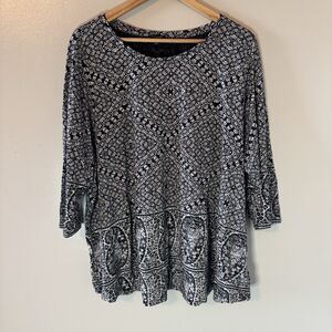 Lucky Brand Womens Tunic Top Black White Paisley Shirt 3/4 Sleeve Sz 3X